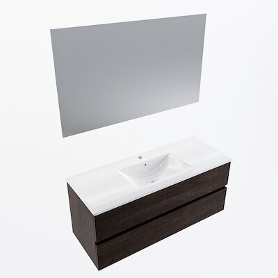MONDIAZ VICA 120cm badmeubel onderkast Dark Brown 2 lades. Wastafel Denia midden 1 kraangat, kleur Glanzend Wit met spiegel LED.