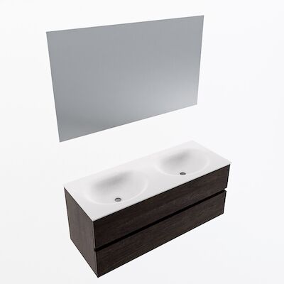 MONDIAZ VICA 120cm badmeubel onderkast Dark Brown 2 lades. Wastafel Moon dubbel zonder kraangat, kleur Talc met spiegel LED.