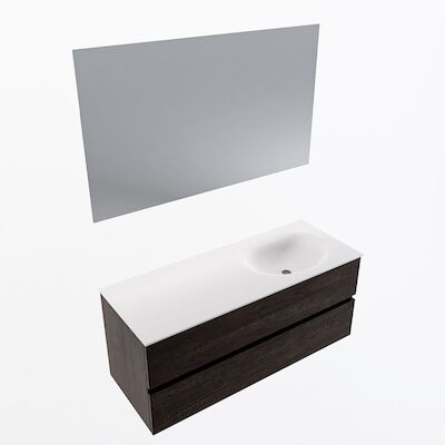 MONDIAZ VICA 120cm badmeubel onderkast Dark Brown 2 lades. Wastafel Moon rechts 1 kraangat, kleur Talc met spiegel LED.