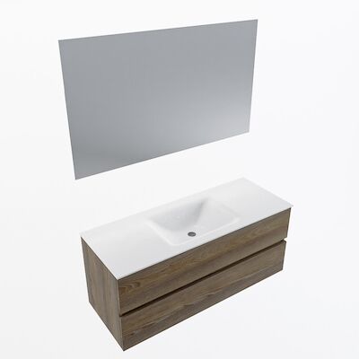 MONDIAZ VICA 120cm badmeubel onderkast Dark Brown Grey 2 lades. Wastafel CLOUD midden zonder kraangat, kleur Talc met spiegel LED.