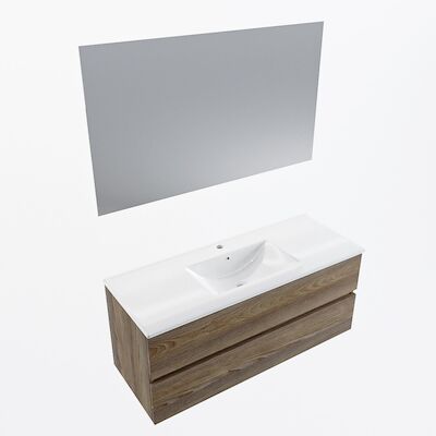 MONDIAZ VICA 120cm badmeubel onderkast Dark Brown Grey 2 lades. Wastafel Denia midden 1 kraangat, kleur Glanzend Wit met spiegel LED.