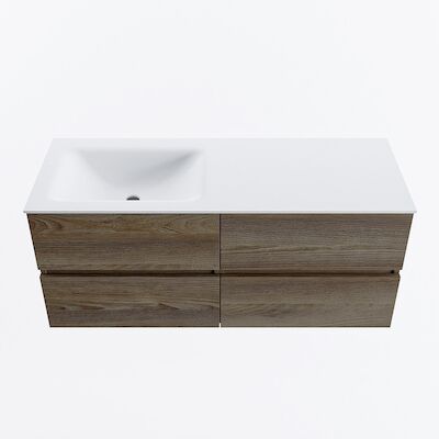 MONDIAZ VICA 120cm badmeubel onderkast Dark Brown Grey 4 lades. Wastafel CLOUD links 1 kraangat, kleur Talc.