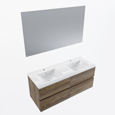 MONDIAZ VICA 120cm badmeubel onderkast Dark Brown Grey 4 lades. Wastafel Denia dubbel 2 kraangaten, kleur Glanzend Wit met spiegel LED.