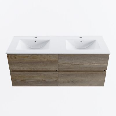 MONDIAZ VICA 120cm badmeubel onderkast Dark Brown Grey 4 lades. Wastafel DENIA dubbel 2 kraangaten, kleur Glanzend Wit.