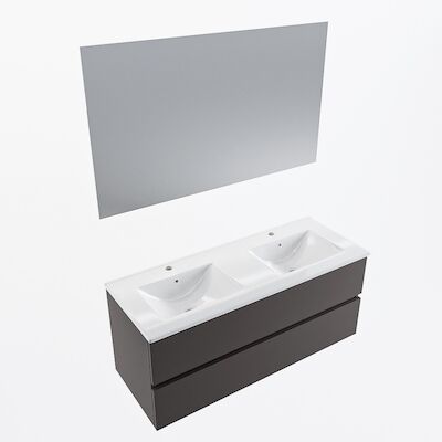 MONDIAZ VICA 120cm badmeubel onderkast Dark Grey 2 lades. Wastafel Denia dubbel 2 kraangaten, kleur Glanzend Wit met spiegel LED.