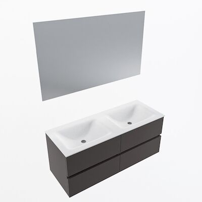 MONDIAZ VICA 120cm badmeubel onderkast Dark Grey 4 lades. Wastafel CLOUD dubbel 2 kraangaten, kleur Talc met spiegel LED.