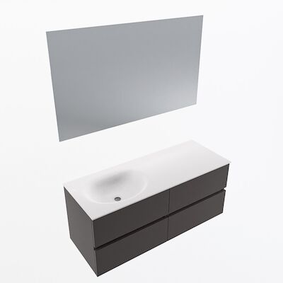 MONDIAZ VICA 120cm badmeubel onderkast Dark Grey 4 lades. Wastafel Moon links 1 kraangat, kleur Talc met spiegel LED.