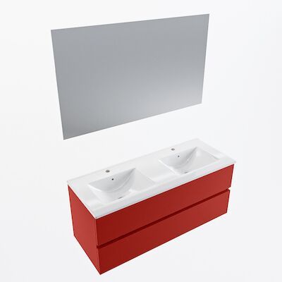 MONDIAZ VICA 120cm badmeubel onderkast Fire 2 lades. Wastafel Denia dubbel 2 kraangaten, kleur Glanzend Wit met spiegel LED.