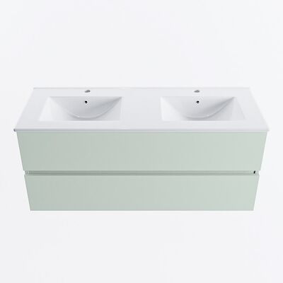 MONDIAZ VICA 120cm badmeubel onderkast Greey 2 lades. Wastafel DENIA dubbel 2 kraangaten, kleur Glanzend Wit.