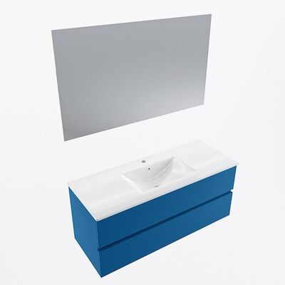 MONDIAZ VICA 120cm badmeubel onderkast Jeans 2 lades. Wastafel Denia midden 1 kraangat, kleur Glanzend Wit met spiegel LED.