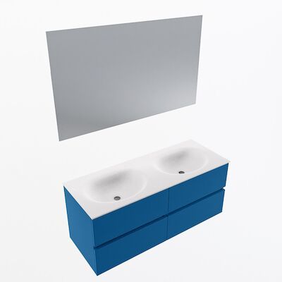 MONDIAZ VICA 120cm badmeubel onderkast Jeans 4 lades. Wastafel Moon dubbel zonder kraangat, kleur Talc met spiegel LED.