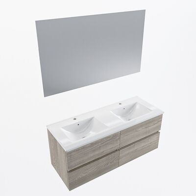 MONDIAZ VICA 120cm badmeubel onderkast Light Brown Grey 4 lades. Wastafel Denia dubbel 2 kraangaten, kleur Glanzend Wit met spiegel LED.