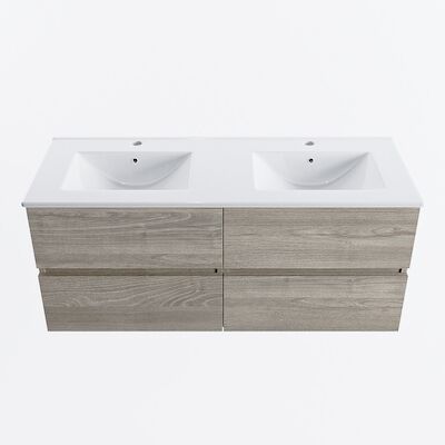 MONDIAZ VICA 120cm badmeubel onderkast Light Brown Grey 4 lades. Wastafel DENIA dubbel 2 kraangaten, kleur Glanzend Wit.