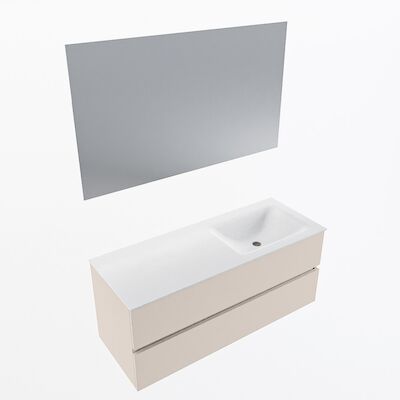 MONDIAZ VICA 120cm badmeubel onderkast Linen 2 lades. Wastafel CLOUD rechts zonder kraangat, kleur Talc met spiegel LED.