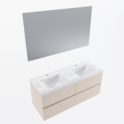MONDIAZ VICA 120cm badmeubel onderkast Linen 4 lades. Wastafel Denia dubbel 2 kraangaten, kleur Glanzend Wit met spiegel LED.