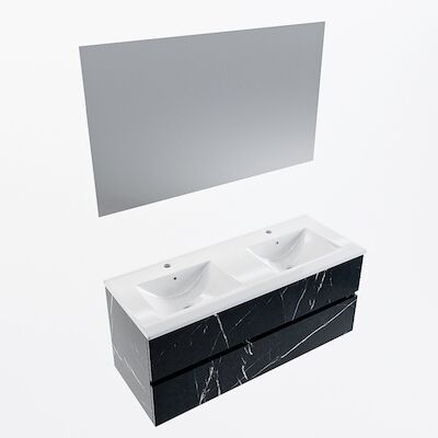 MONDIAZ VICA 120cm badmeubel onderkast Marquina 2 lades. Wastafel Denia dubbel 2 kraangaten, kleur Glanzend Wit met spiegel LED.