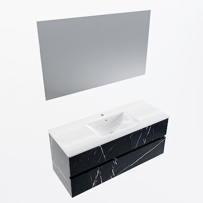 MONDIAZ VICA 120cm badmeubel onderkast Marquina 2 lades. Wastafel Denia midden 1 kraangat, kleur Glanzend Wit met spiegel LED.
