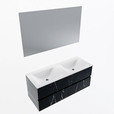 MONDIAZ VICA 120cm badmeubel onderkast Marquina 4 lades. Wastafel CLOUD dubbel 2 kraangaten, kleur Talc met spiegel LED.