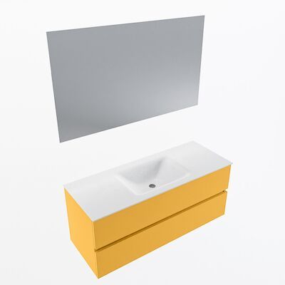 MONDIAZ VICA 120cm badmeubel onderkast Ocher 2 lades. Wastafel CLOUD midden zonder kraangat, kleur Talc met spiegel LED.