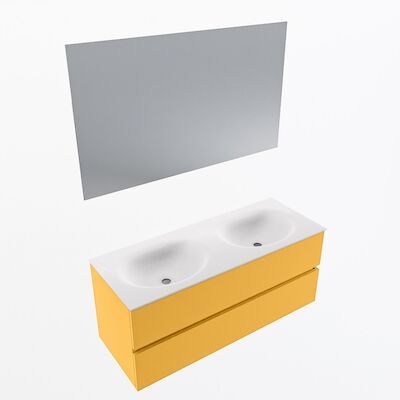 MONDIAZ VICA 120cm badmeubel onderkast Ocher 2 lades. Wastafel Moon dubbel zonder kraangat, kleur Talc met spiegel LED.