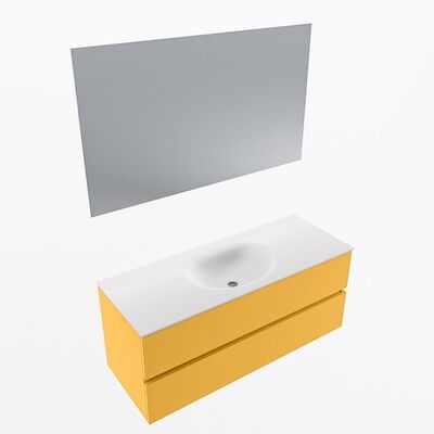 MONDIAZ VICA 120cm badmeubel onderkast Ocher 2 lades. Wastafel Moon midden zonder kraangat, kleur Talc met spiegel LED.