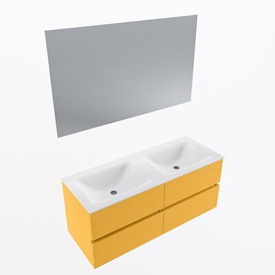 MONDIAZ VICA 120cm badmeubel onderkast Ocher 4 lades. Wastafel CLOUD dubbel 2 kraangaten, kleur Talc met spiegel LED.