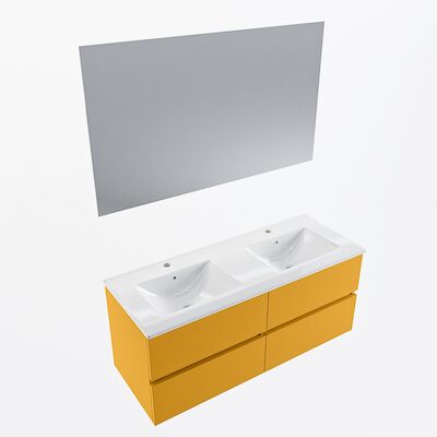 MONDIAZ VICA 120cm badmeubel onderkast Ocher 4 lades. Wastafel Denia dubbel 2 kraangaten, kleur Glanzend Wit met spiegel LED.