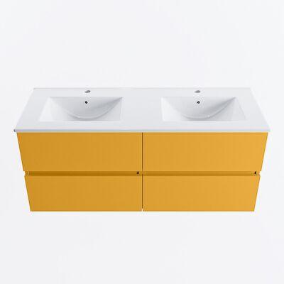 MONDIAZ VICA 120cm badmeubel onderkast Ocher 4 lades. Wastafel DENIA dubbel 2 kraangaten, kleur Glanzend Wit.
