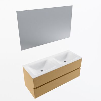 MONDIAZ VICA 120cm badmeubel onderkast Oro 2 lades. Wastafel CLOUD dubbel 2 kraangaten, kleur Talc met spiegel LED.
