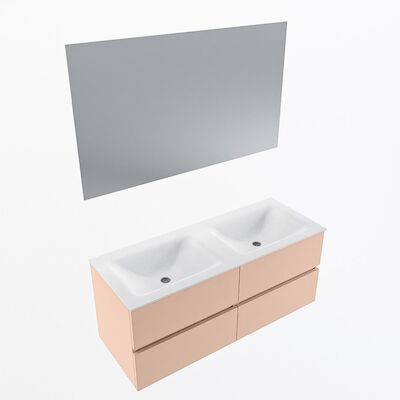 MONDIAZ VICA 120cm badmeubel onderkast Rosee 4 lades. Wastafel CLOUD dubbel 2 kraangaten, kleur Talc met spiegel LED.