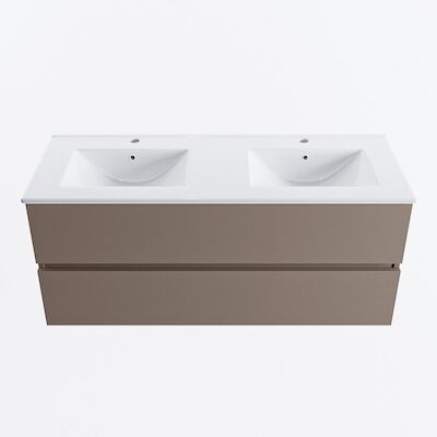 MONDIAZ VICA 120cm badmeubel onderkast Smoke 2 lades. Wastafel DENIA dubbel 2 kraangaten, kleur Glanzend Wit.