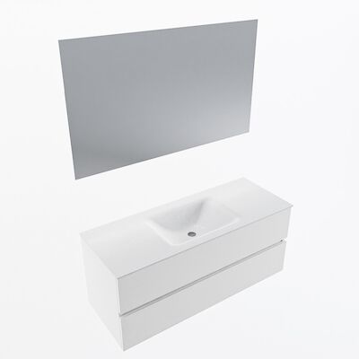 MONDIAZ VICA 120cm badmeubel onderkast Talc 2 lades. Wastafel CLOUD midden 1 kraangat, kleur Talc met spiegel LED.