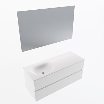 MONDIAZ VICA 120cm badmeubel onderkast Talc 2 lades. Wastafel Moon links zonder kraangat, kleur Talc met spiegel LED.