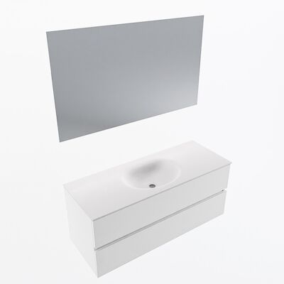 MONDIAZ VICA 120cm badmeubel onderkast Talc 2 lades. Wastafel Moon midden zonder kraangat, kleur Talc met spiegel LED.