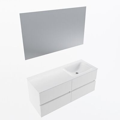 MONDIAZ VICA 120cm badmeubel onderkast Talc 4 lades. Wastafel CLOUD rechts 1 kraangat, kleur Talc met spiegel LED.