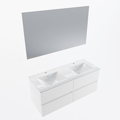 MONDIAZ VICA 120cm badmeubel onderkast Talc 4 lades. Wastafel Denia dubbel 2 kraangaten, kleur Glanzend Wit met spiegel LED.