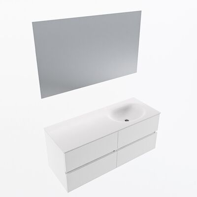 MONDIAZ VICA 120cm badmeubel onderkast Talc 4 lades. Wastafel Moon rechts 1 kraangat, kleur Talc met spiegel LED.