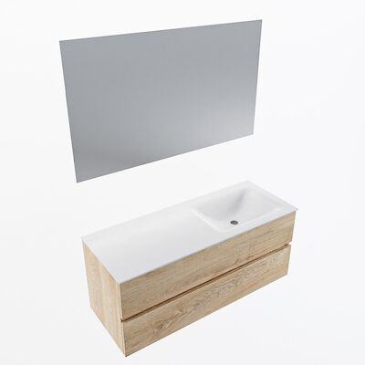 MONDIAZ VICA 120cm badmeubel onderkast Washed Oak 2 lades. Wastafel CLOUD rechts zonder kraangat, kleur Talc met spiegel LED.