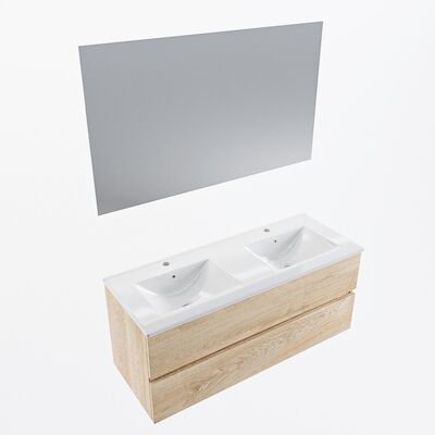 MONDIAZ VICA 120cm badmeubel onderkast Washed Oak 2 lades. Wastafel Denia dubbel 2 kraangaten, kleur Glanzend Wit met spiegel LED.