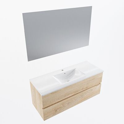 MONDIAZ VICA 120cm badmeubel onderkast Washed Oak 2 lades. Wastafel Denia midden 1 kraangat, kleur Glanzend Wit met spiegel LED.
