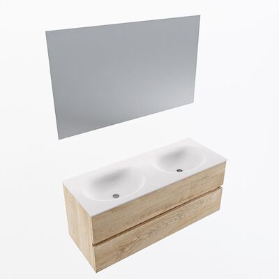 MONDIAZ VICA 120cm badmeubel onderkast Washed Oak 2 lades. Wastafel Moon dubbel zonder kraangat, kleur Talc met spiegel LED.