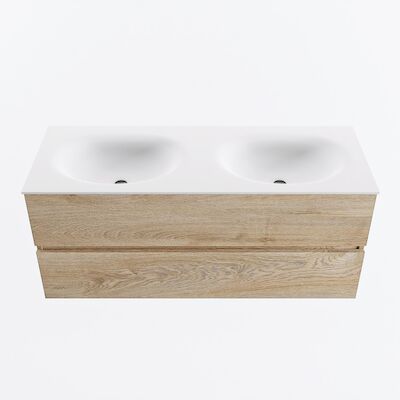 MONDIAZ VICA 120cm badmeubel onderkast Washed Oak 2 lades. Wastafel MOON dubbel zonder kraangat, kleur Talc.