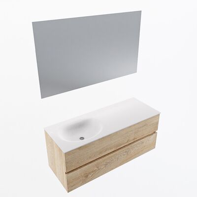 MONDIAZ VICA 120cm badmeubel onderkast Washed Oak 2 lades. Wastafel Moon links 1 kraangat, kleur Talc met spiegel LED.