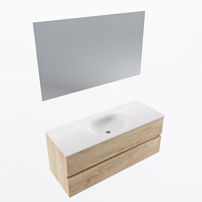 MONDIAZ VICA 120cm badmeubel onderkast Washed Oak 2 lades. Wastafel Moon midden 1 kraangat, kleur Talc met spiegel LED.