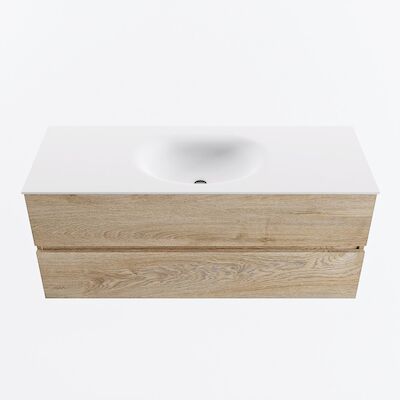 MONDIAZ VICA 120cm badmeubel onderkast Washed Oak 2 lades. Wastafel MOON midden 1 kraangat, kleur Talc.