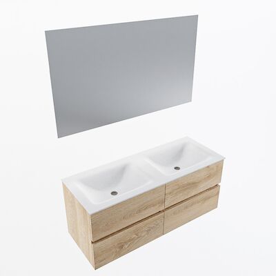 MONDIAZ VICA 120cm badmeubel onderkast Washed Oak 4 lades. Wastafel CLOUD dubbel 2 kraangaten, kleur Talc met spiegel LED.