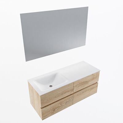 MONDIAZ VICA 120cm badmeubel onderkast Washed Oak 4 lades. Wastafel CLOUD links zonder kraangat, kleur Talc met spiegel LED.