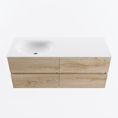 MONDIAZ VICA 120cm badmeubel onderkast Washed Oak 4 lades. Wastafel MOON links zonder kraangat, kleur Talc.