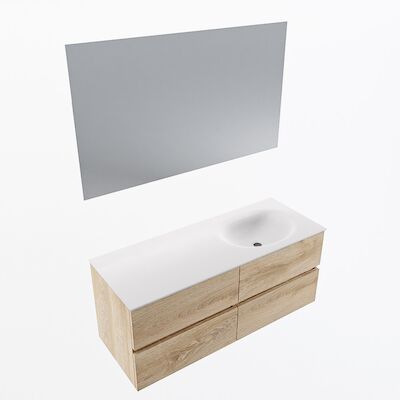 MONDIAZ VICA 120cm badmeubel onderkast Washed Oak 4 lades. Wastafel Moon rechts 1 kraangat, kleur Talc met spiegel LED.