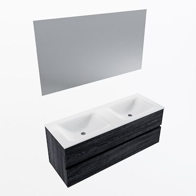 MONDIAZ VICA 130cm badmeubel onderkast Antracite 2 lades. Wastafel CLOUD dubbel zonder kraangat, kleur Talc met spiegel LED.